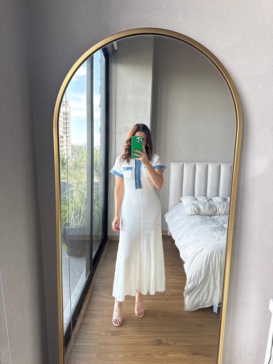 Vestido tejido con detalle denim blanco