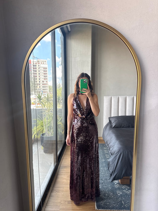 Vestido maxi halter lentejuelas tinto