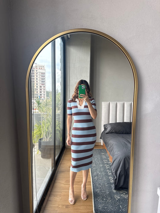 Vestido cuello tipo polo maxi rayas azul y café