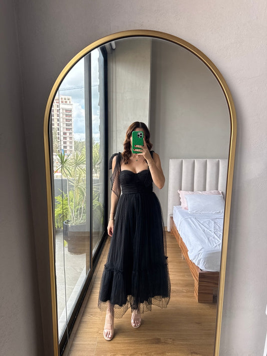 Vestido midi tul lunares negro