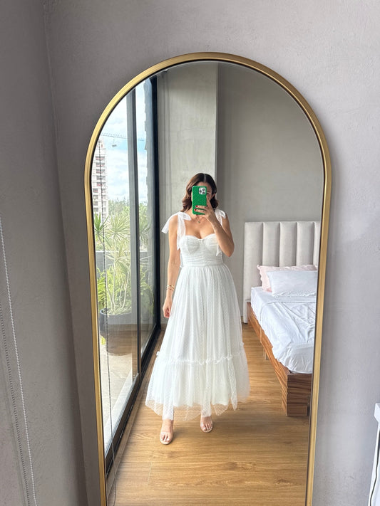 Vestido midi tul lunares blanco