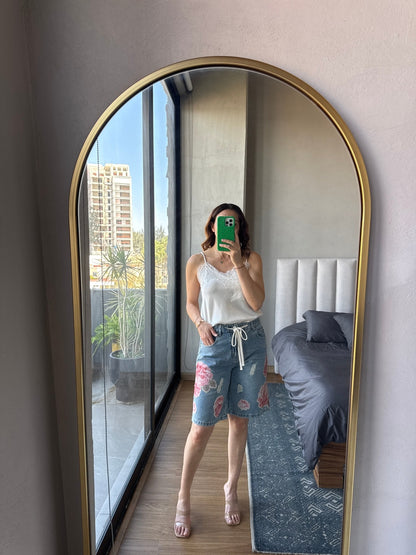 Long short denim con parches flores