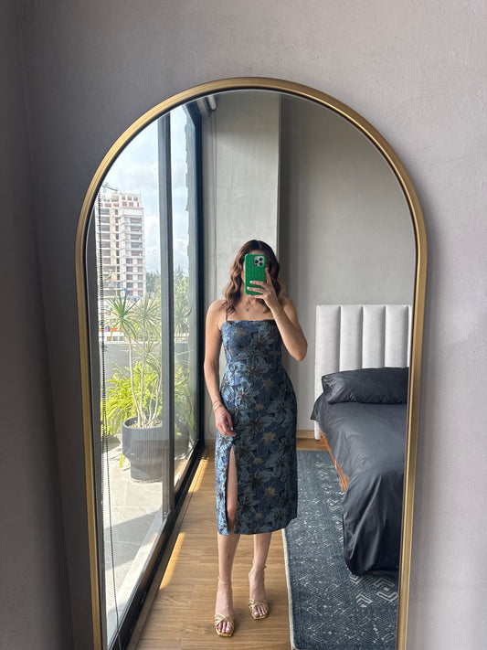 Vestido midi tirantes flores azul con dorado