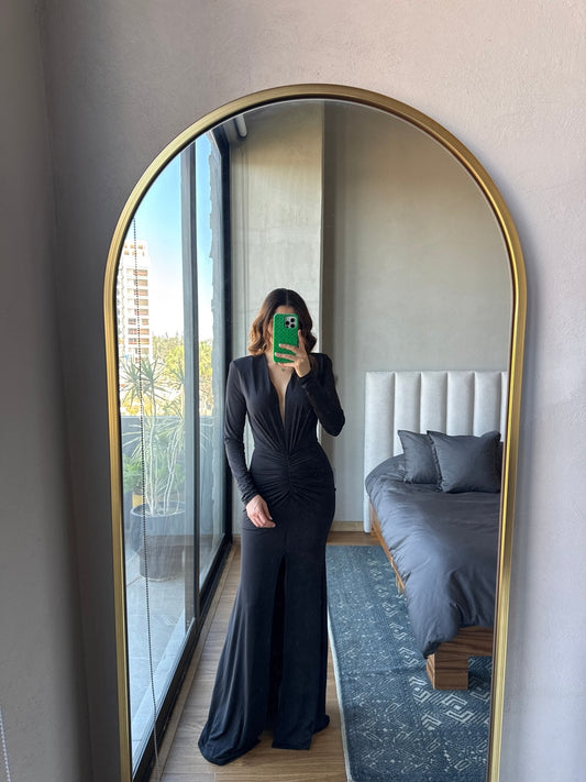 Vestido escote en V maxi manga larga negro