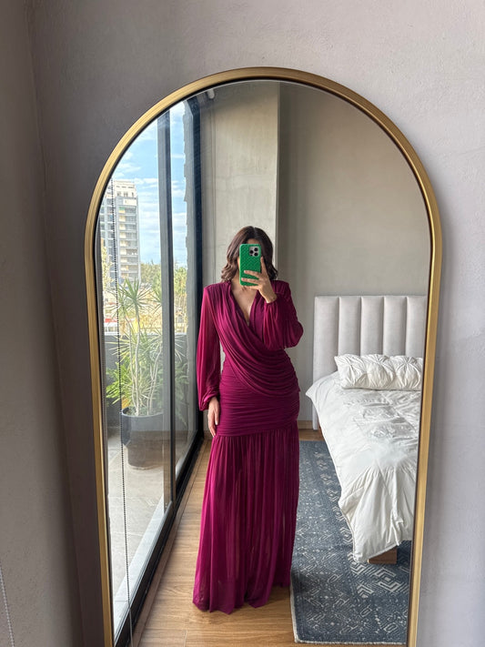 Vestido maxi mangas cuello V plum