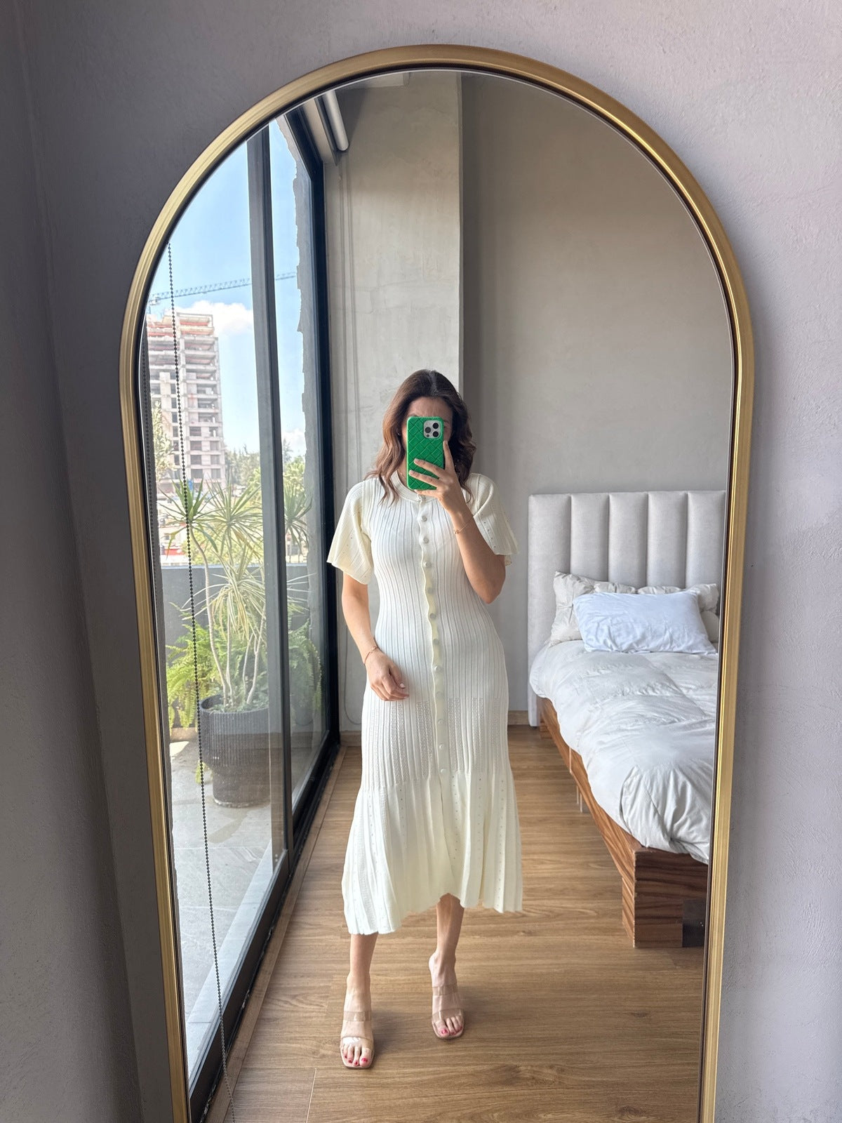 Vestido midi tejido con botones ivory