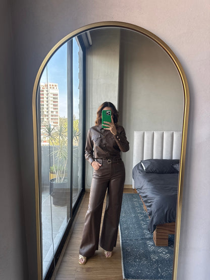 Set blusa y pantalón falre tipo piel café