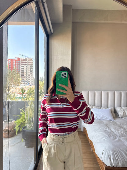 Polo rayas manga larga cherry