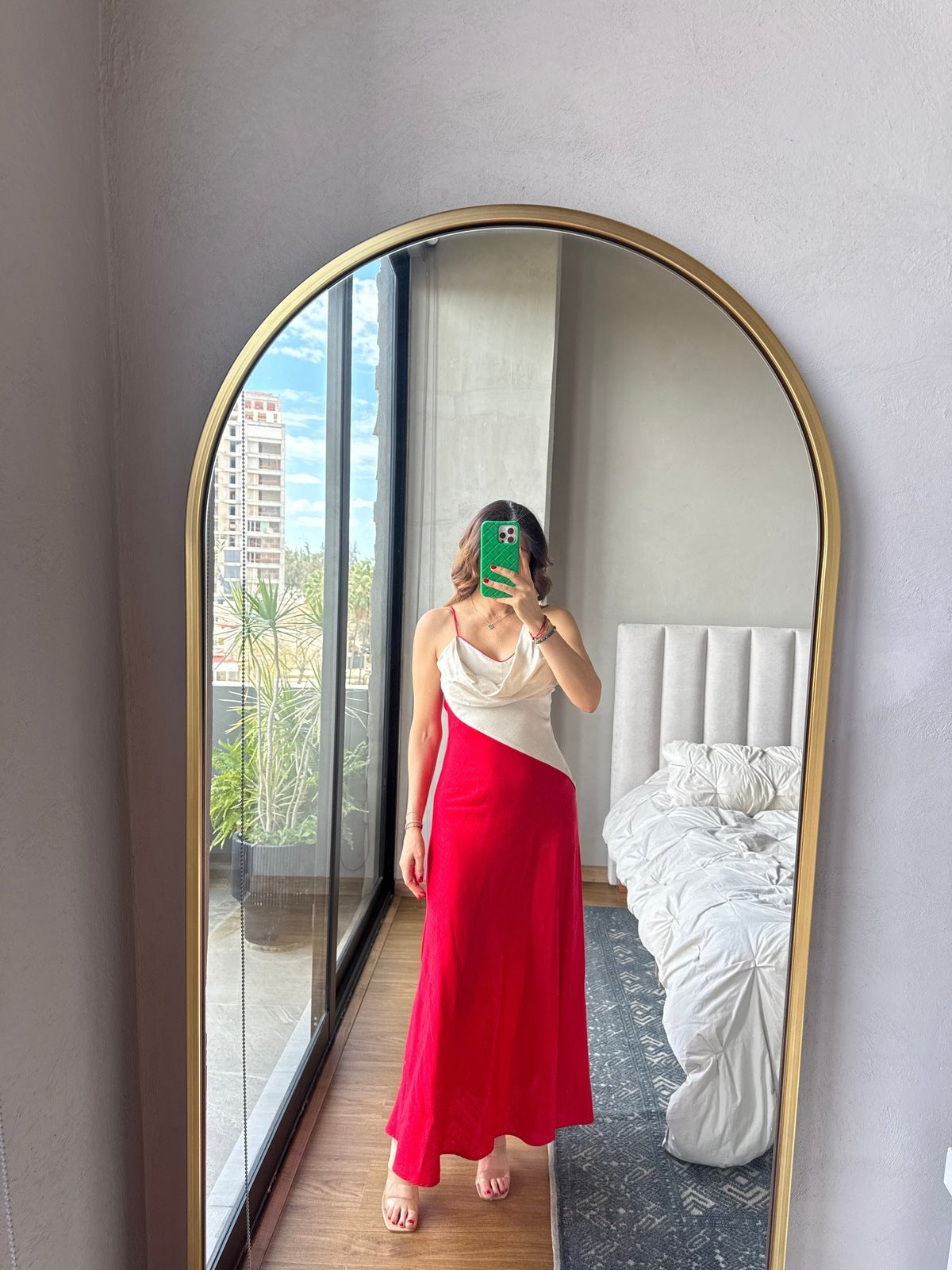 Vestido maxi bicolor avena con rojo