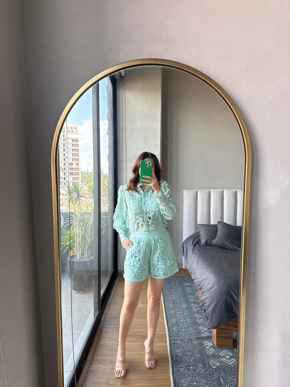 Set blusa y short detalle gipiur verde menta