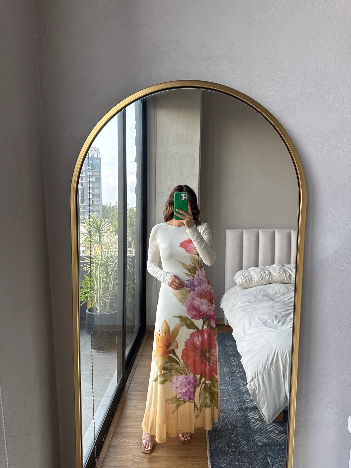 Vestido maxi manga larga print flores