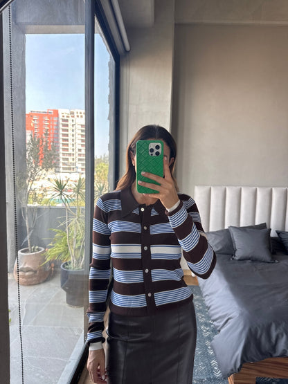 Cárdigan tejido rayas café