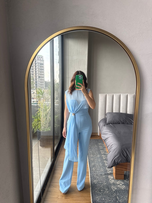 Jumpsuit baby blue con mesh y aplicación metal