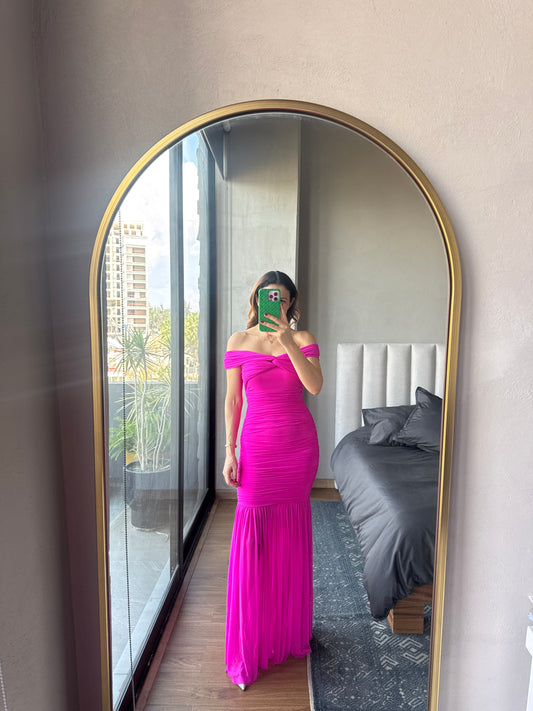 Vestido maxi off shoulder mesh magenta