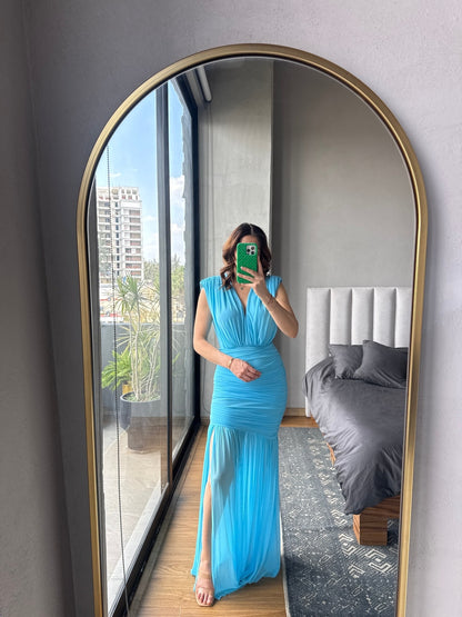 Vestido maxi escote y abierta lateral mesh azul
