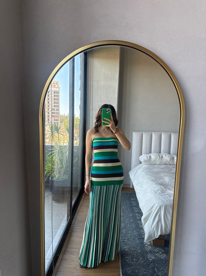 Vestido strapless maxi rayas verde multi