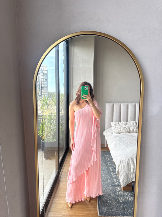 Set blusa one shoulder y pantalón plaid rosa