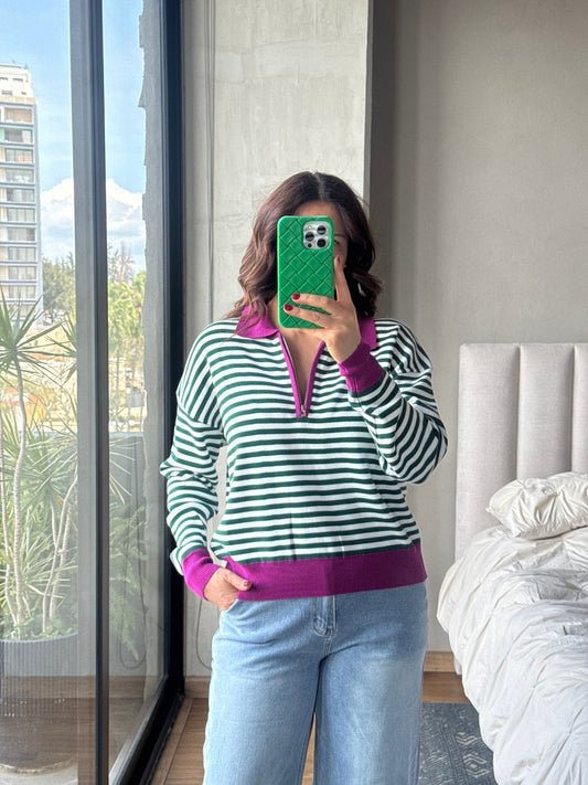 Blusa polo cierre rayas con cuello verde