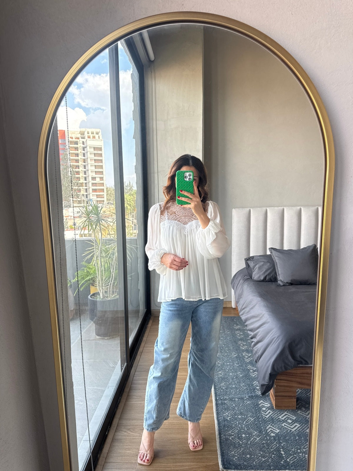 Blusa manga con detalle en escote ivory