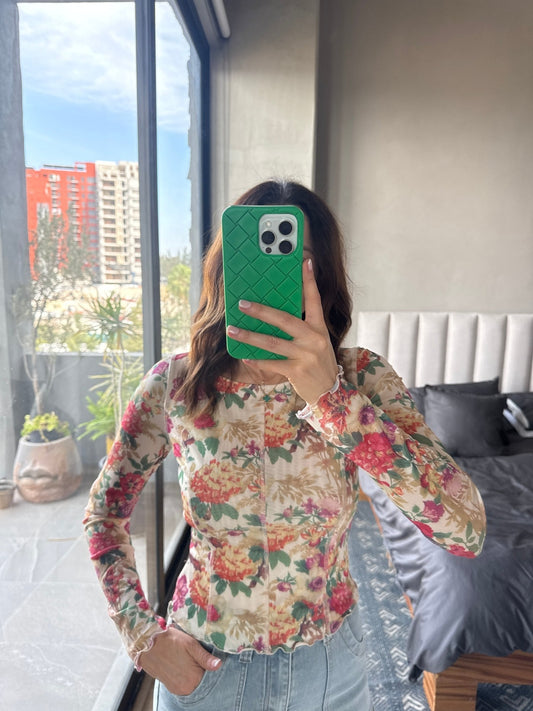 Blusa manga flores mesh