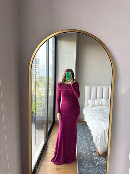 Vestido maxi mangas drapeado magenta morado