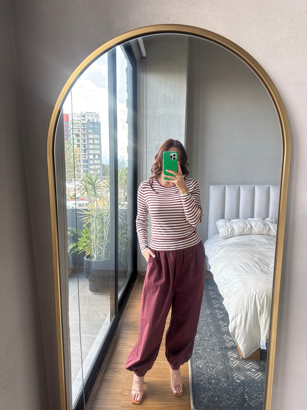 Set tejido rayas blusa manga y tank tinto