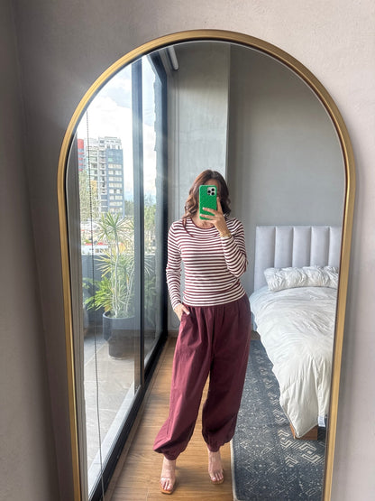 Set tejido rayas blusa manga y tank tinto