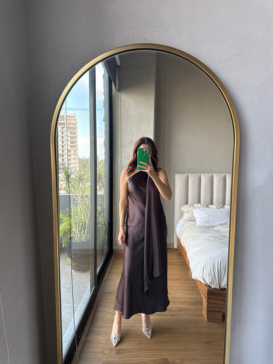 Vestido midi satín café