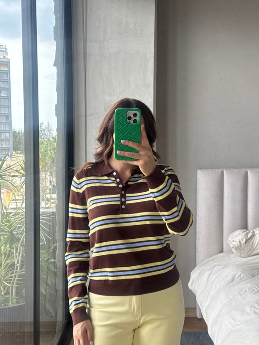 Sweater polo tejido rayas café