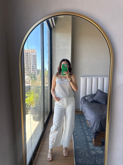 Jeans barrel corte laser blanco