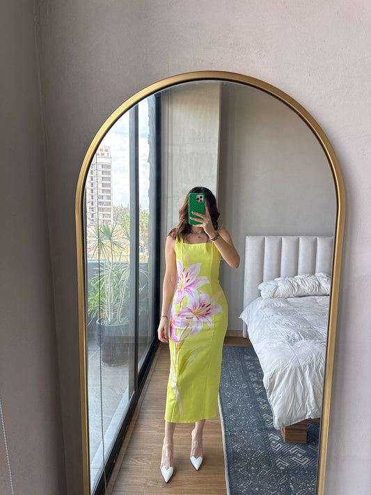 Vestido midi cuello cuadrado print flor