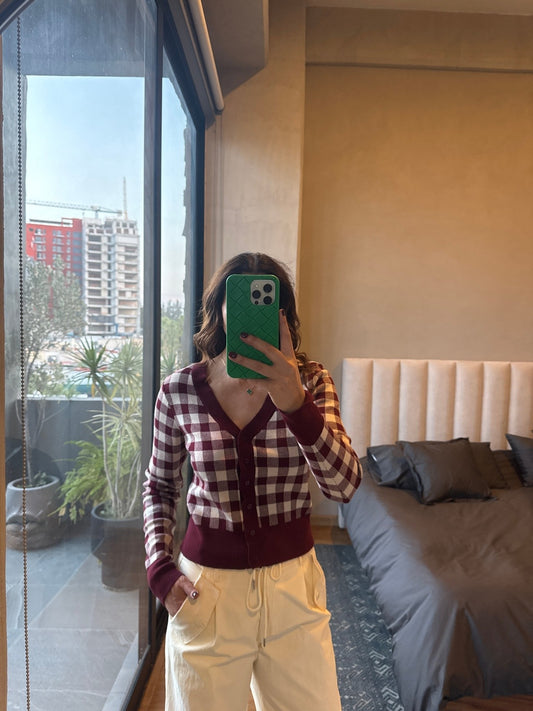 Cardigan cuadros tinto
