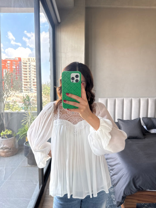 Blusa manga con detalle en escote ivory
