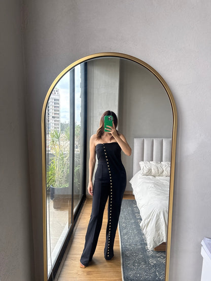 Jumpsuit strapless negro con aplicaciones