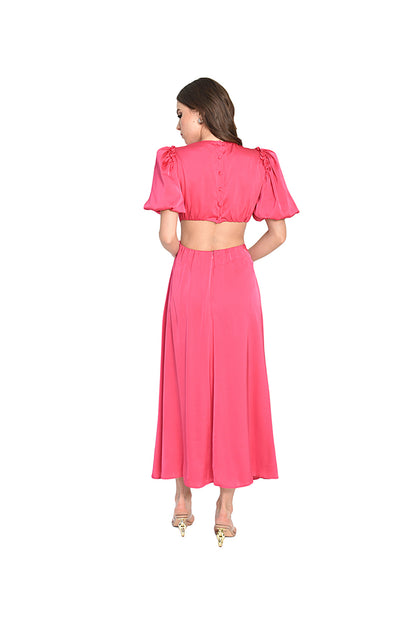 Vestido midi detalle cut out y aro en cintura rosa