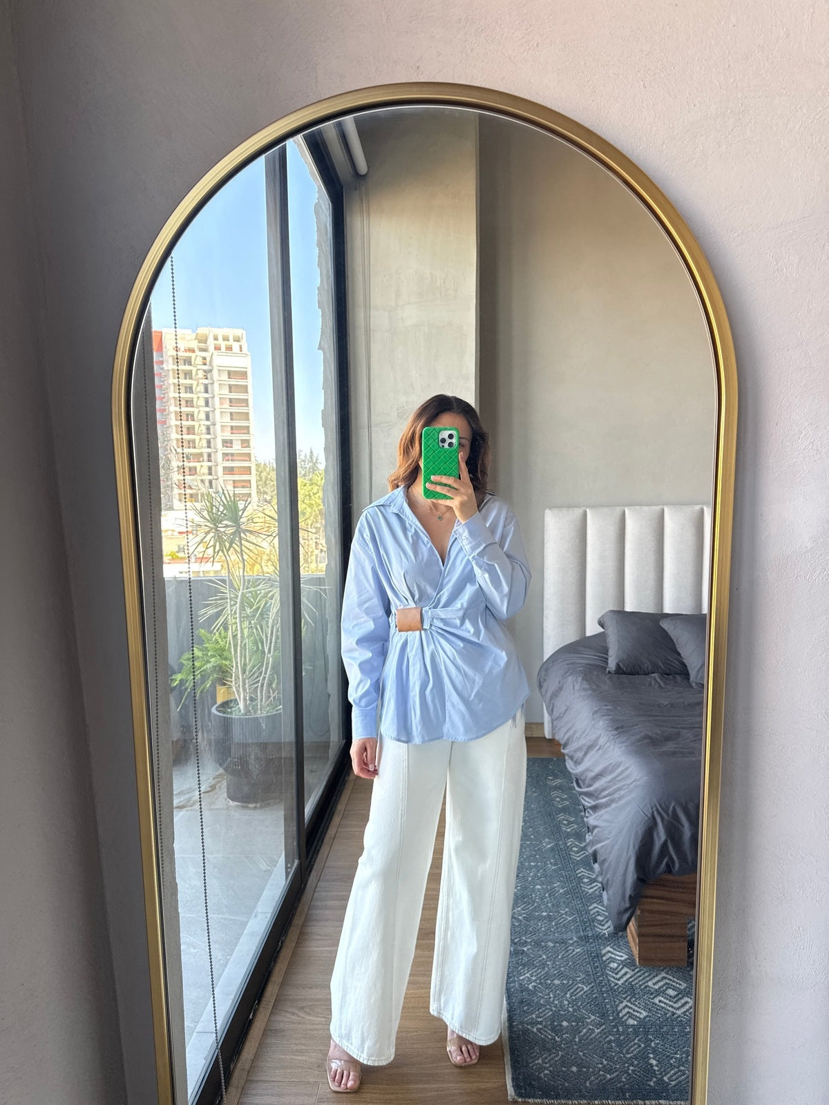 Blusa manga con detalle piel azul