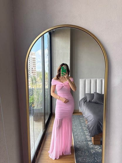 Vestido maxi off shoulder mesh baby pink