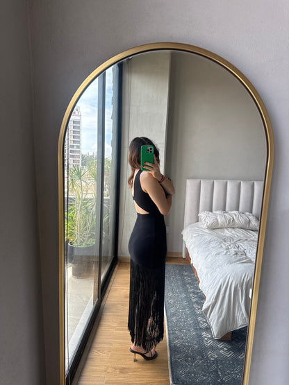Vestido midi con detalle flecos negro