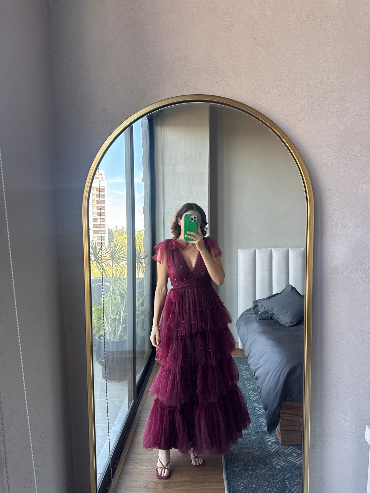 Vestido largo mesh con perlas tul tinto