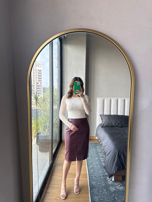 Falda midi abierta tipo piel tinta