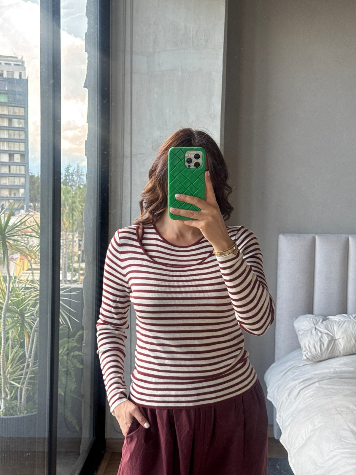 Set tejido rayas blusa manga y tank tinto