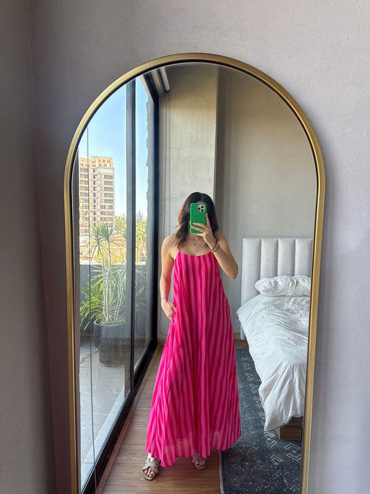 Vestido maxi tirantes lienas verticales rosas