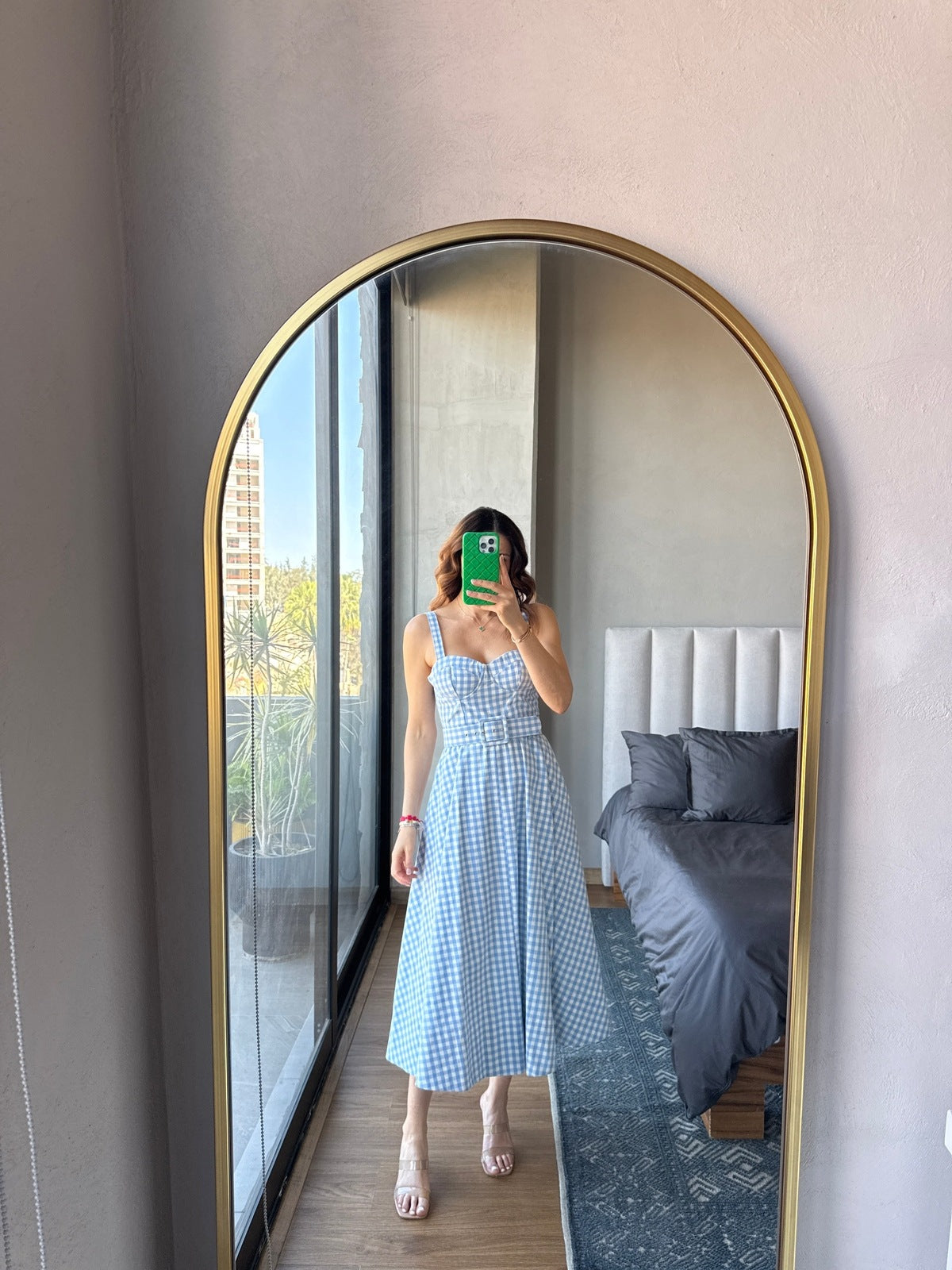 Vestido midi cuadros azul con cinto