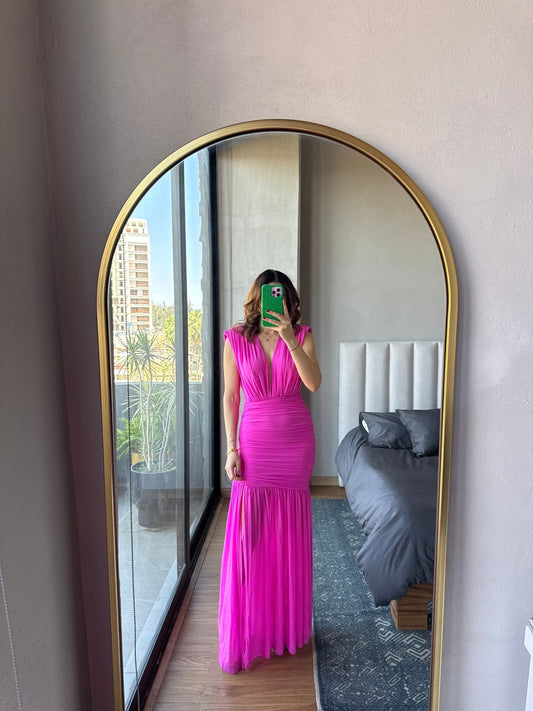 Vestido maxi escote y abierta lateral mesh magenta