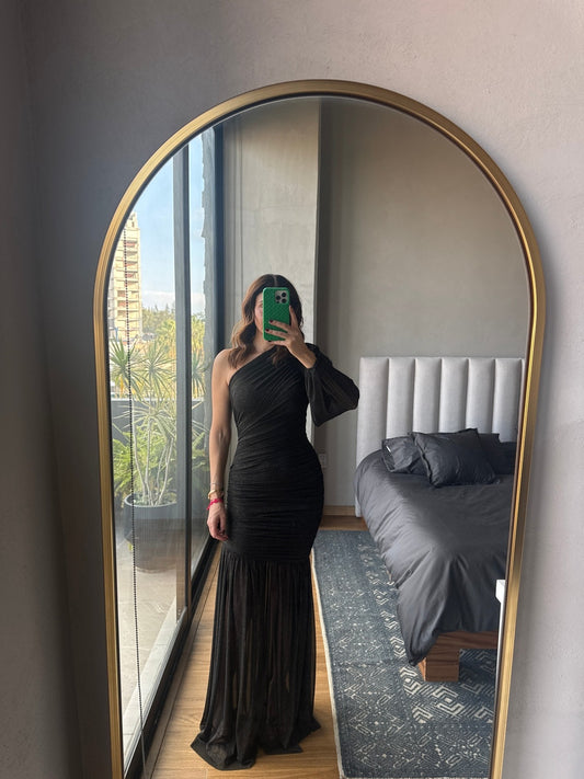 Vestido maxi one shoulder mesh negro