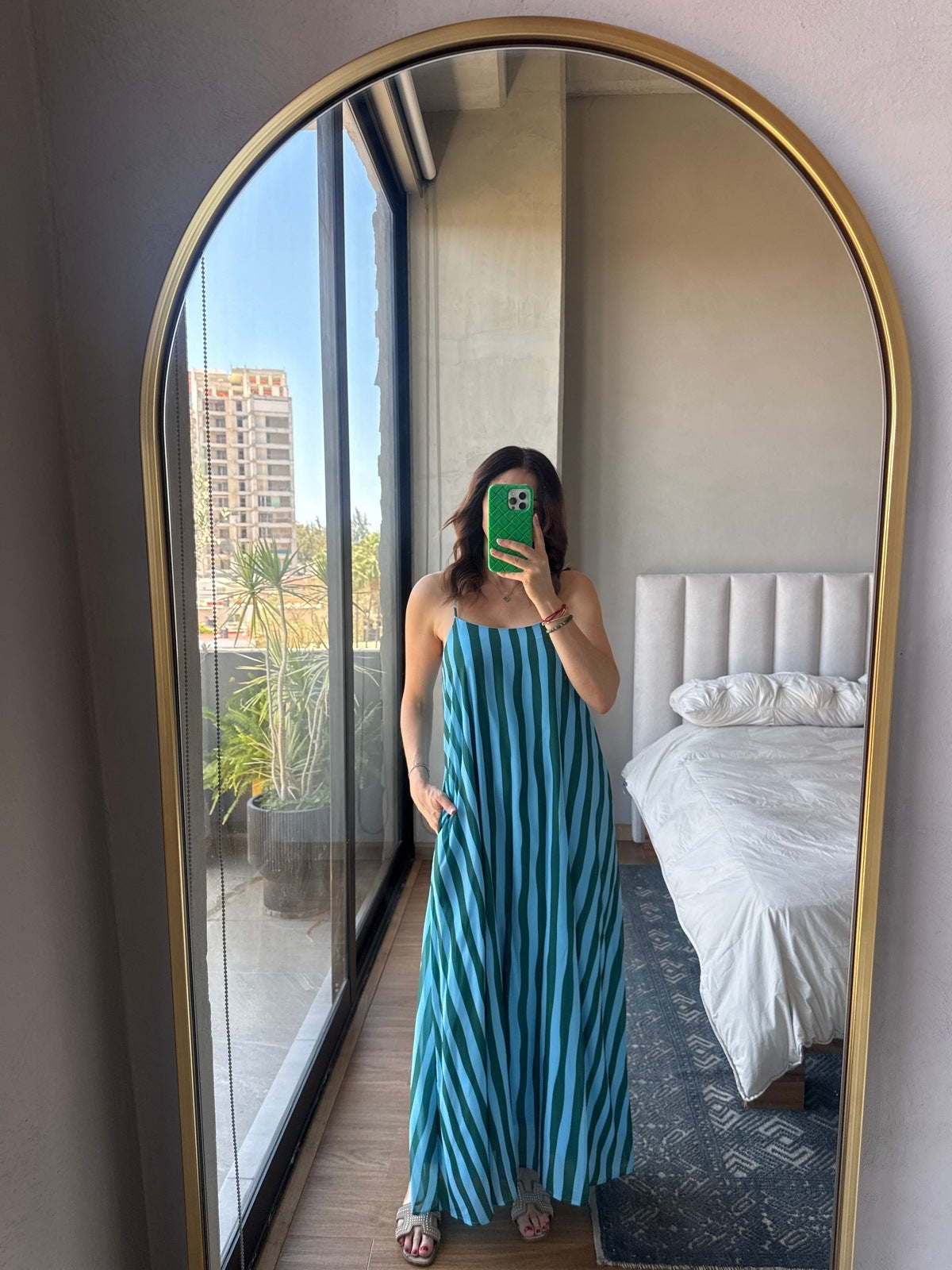 Vestido maxi tirantes lienas verticales azul