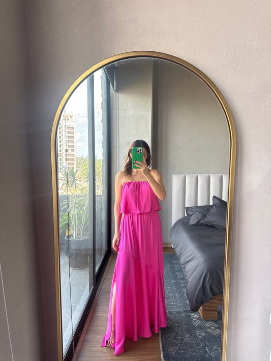 Vestido maxi strapless magenta