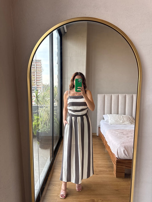 Set blusa tirantes y falda rayas café