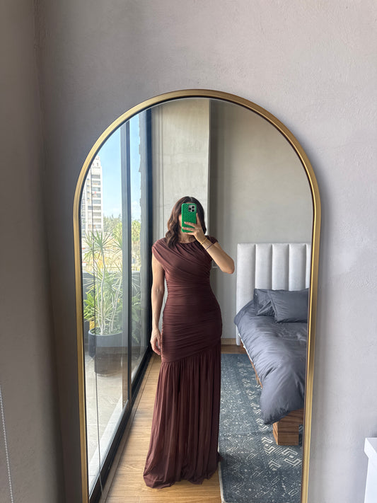 Vestido maxi mesh café