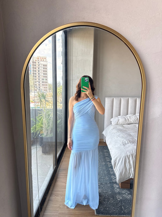 Vestido maxi un tirante mesh baby blue